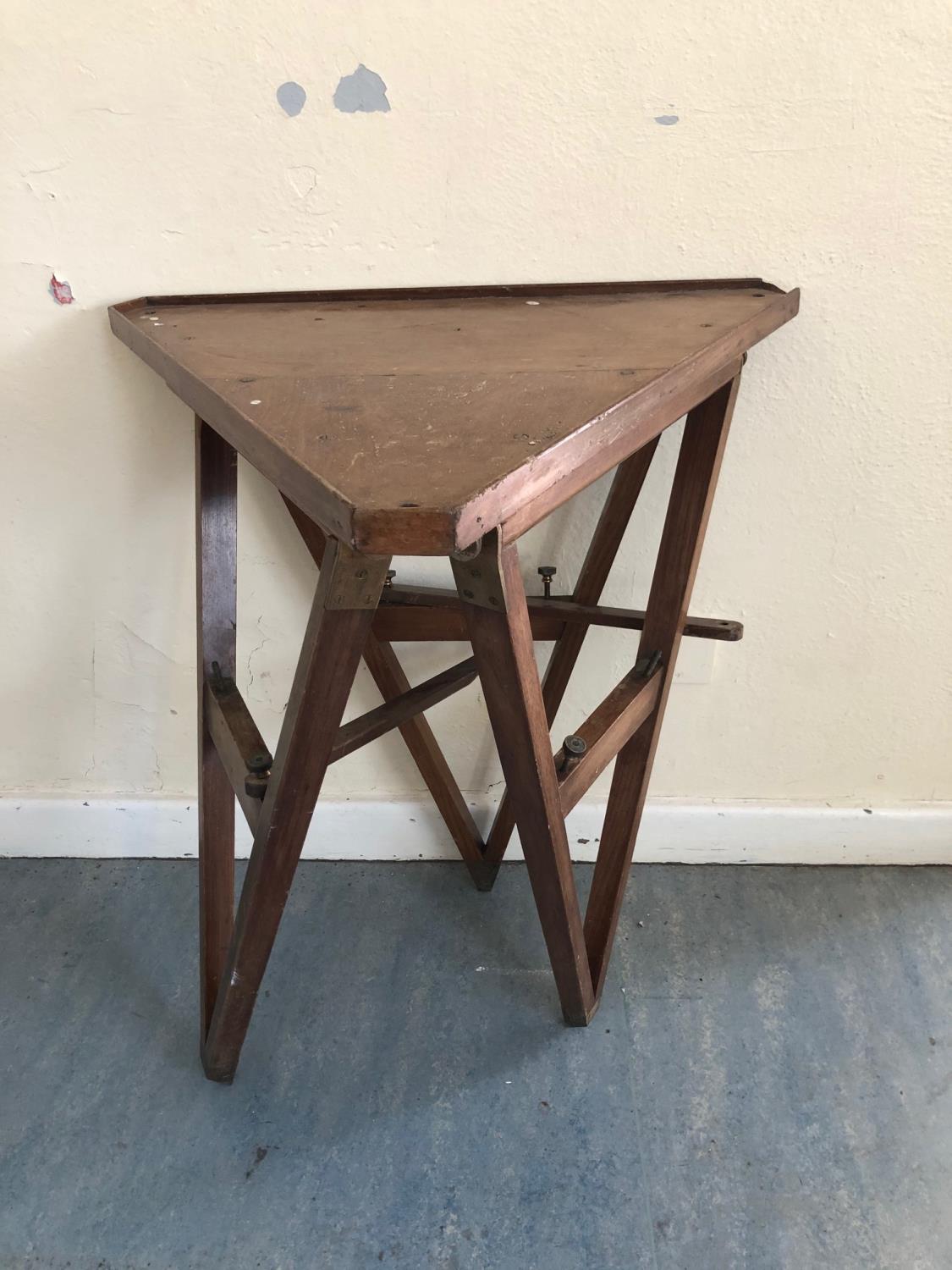 Good quality campaign style folding table with brass mounts (damage) W 65cm H 75cm - Image 2 of 2