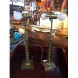 Pair of brass column lamps complete with shades H 70cm