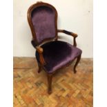 French style armchair with purple velvet upholstery W 60cm H 110cm D 50cm