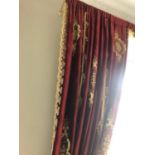 Quality velvet floral patterned curtains lined and complete with brass poles and tie backs W 190cm H