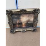 Oil on canvas ship scene in ornate gilt frame W 55cm H 46cm