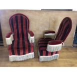 Pair of Regal design upholstered chairs, striped fabric, with tossles W 74cm H 113cm D 60cm