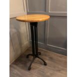 Tall hardwood circular topped bar table on wrought iron base W 60cm H 110cm