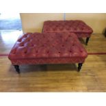 Fine pair of rectangular centre stools with aged deep buttoned red leather upholstery W 104cm H