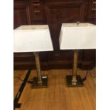 Pair of column design brass lamps complete with shades W 20cm H 75cm