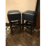 Pair of square stools with navy leather upholstery W 36cm H 72cm