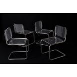 Four steel and plexiglas chairs. '70. Defects