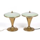 Two brass and sandblasted glass table lamps. '40s