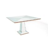 Two-tone mirrored glass and wood table. '70s