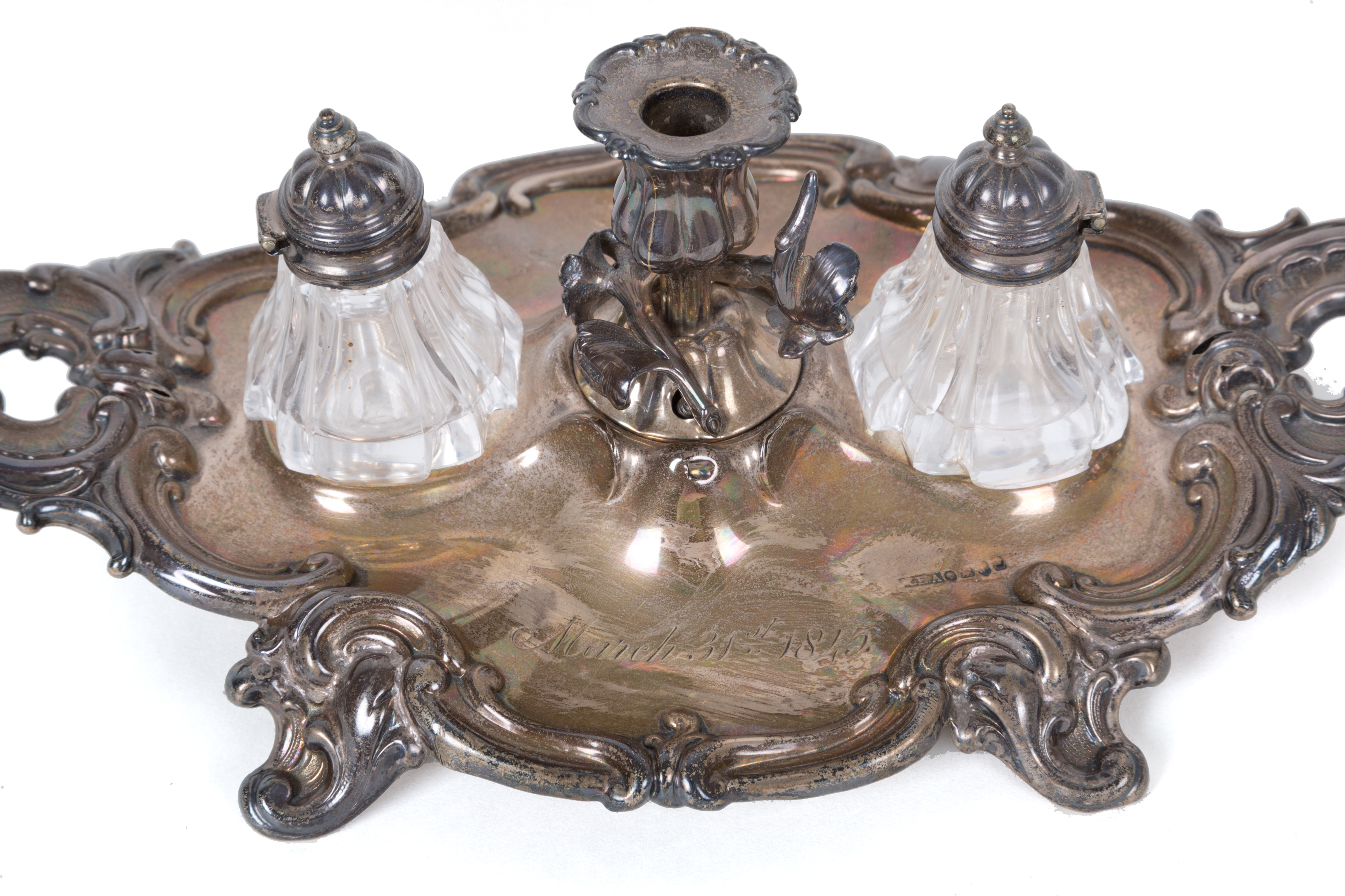 Silver inkwell with glasses flasks. Dated 1845 - Image 2 of 3