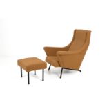 Italian fabric armchair with footrest. '50s