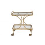 Golden brass trolley with two glass shelves. '50s