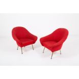 Pair of upholstered armchairs in red fabric. '60s