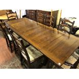 ERCOL OAK DRAWER LEAF REFECTORY DINING TABLE AND EIGHT LADDER BACK CHAIRS (SIX STANDARD AND TWO