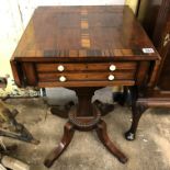 GEORGE IV MAHOGANY AND ROSE WOOD CROSS BANDED NEEDLE WORK TABLE WITH DROP FLAPS,