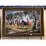 GERMAN SCHOOL HANS REIDMANN 1913 - 1991 OIL ON CANVAS OF HORSES AT WATER, FRAMED,