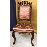 VICTORIAN WALNUT UPHOLSTERED CHAIR WITH ACANTHUS SHELL CARVED TOP RAIL,