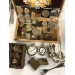 CIGAR BOX OF MISCELLANEOUS PRE DECIMAL AND COMMEMORATIVE COINS, INGERSOLL STOPWATCH, WHISTLE,