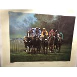 MAX BRANDRETT LIMITED EDITION PRINT 'STEWARDS ENQUIRY' 60/850 SIGNED BY TWO JOCKEYS AND BLIND