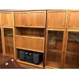 1970S EARLY 80S TEAK FOUR SECTION GLAZED DISPLAY UNIT WITH CORNER CUPBOARD