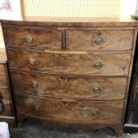 GEORGE III MAHOGANY BOW FRONT CHEST OF TWO SHORT DRAWERS OVER THREE LONGER DRAWERS ON SPLAY BRACKET