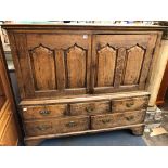 18TH CENTURY OAK CUPBOARD CHEST WITH FIELDED PANEL DOORS OVER THREE SHORT AND TWO LONGER DRAWERS