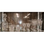 WATERFORD CRYSTAL DRINKING GLASSES INCLUDING MALLET DECANTER AND STOPPER, SIX TUMBLERS,