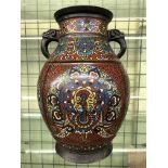 CHINESE CLOISSONE ENAMEL OVOID VASE WITH ELEPHANT MASK HANDLES 30CM