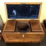 GEORGE III YEW AND BOX STRUNG TEA CADDY FITTED WITH TWO LIDDED COMPARTMENTS AND BOWL 30CM X 15CM X