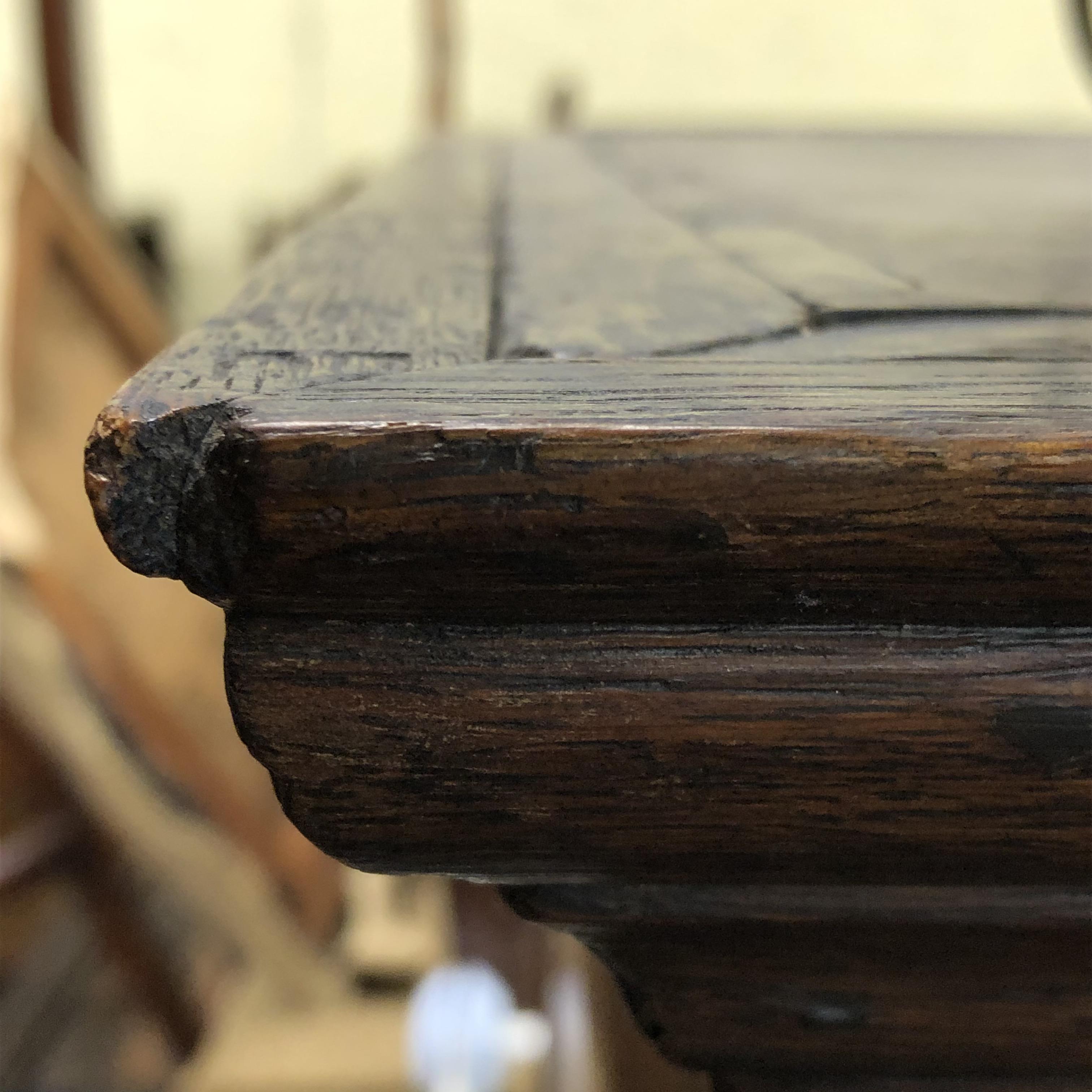 GEORGE II OAK CHEST ON STAND WITH CAVETTO MOULDED CORNICE,CARRIED ON CABRIOLE LEGS WITH PAD FEET. - Image 7 of 14