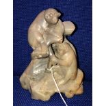 LIGHT GREEN SOAPSTONE CARVING OF TWO PLAYFUL MONKEYS