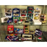 TWO SHELVES OF DIECAST MODEL CARS AND UNBOXED MODEL CARS
