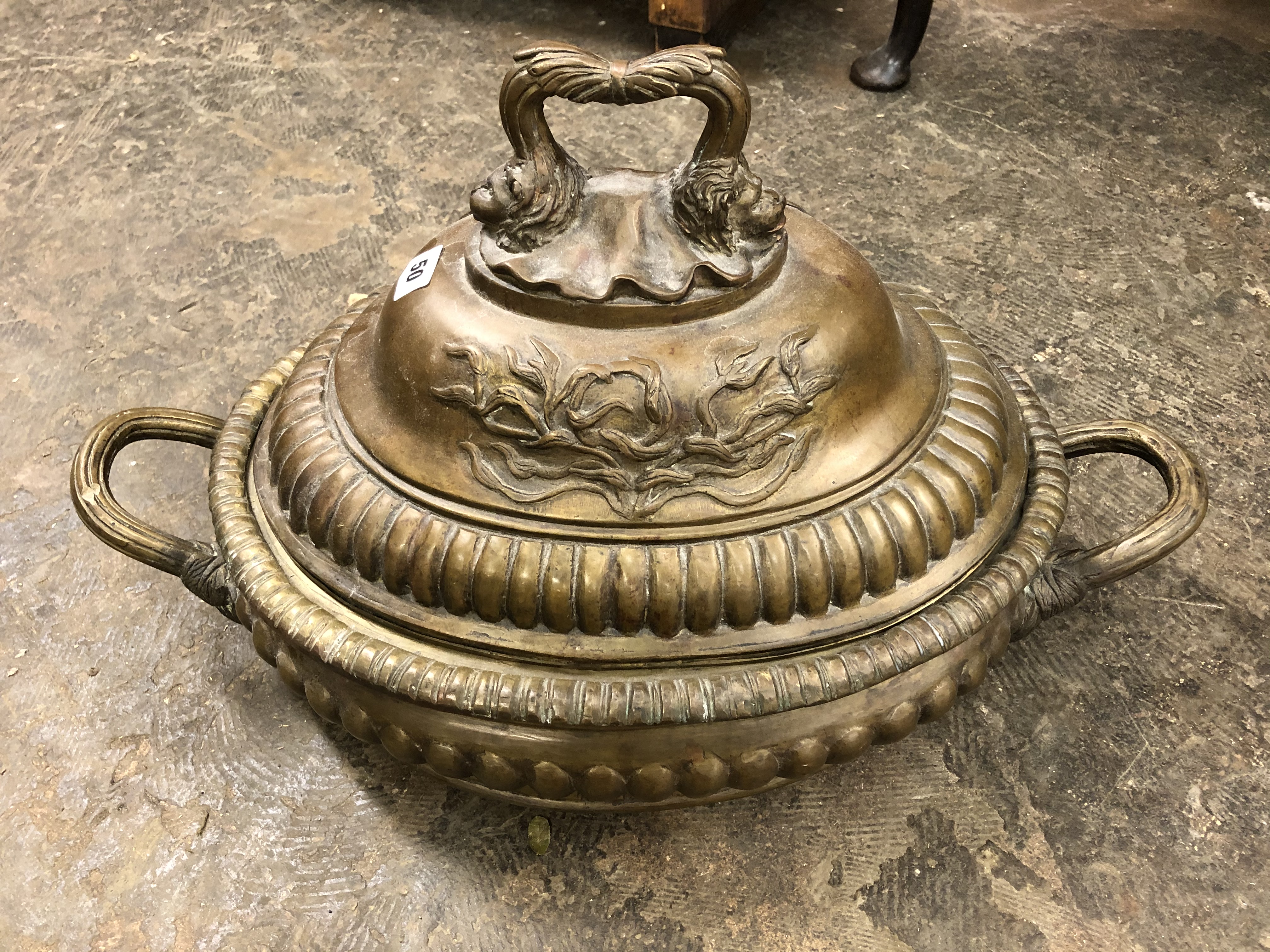 EARLY 20TH CENTURY BRONZE LOBED OVAL TUREEN AND COVER WITH LION FACE MASK HANDLE 37CMH X60CM