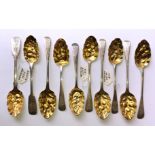 LATE GEORGIAN TO MID VICTORIAN SILVER GILDED BOWL BERRY TEASPOONS