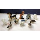 LOMONSOV USSR MODELS OF WRENS AND OTHER BIRDS, RECUMBENT RABBIT, SEATED FOX, HEDGEHOG,