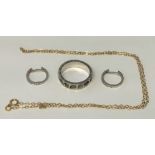 18CT WHITE GOLD BAND 4.4G APPROX A 9CT GOLD TRACE CHAIN AND 9CT WHITE GOLD HALF HOOP EARRINGS1.