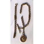 VICTORIAN UNMARKED ROSE METAL ALBERT CHAIN AND T BAR AND 9CT GOLD ENAMEL COUNTY BOWLS MEDALLION FOB.