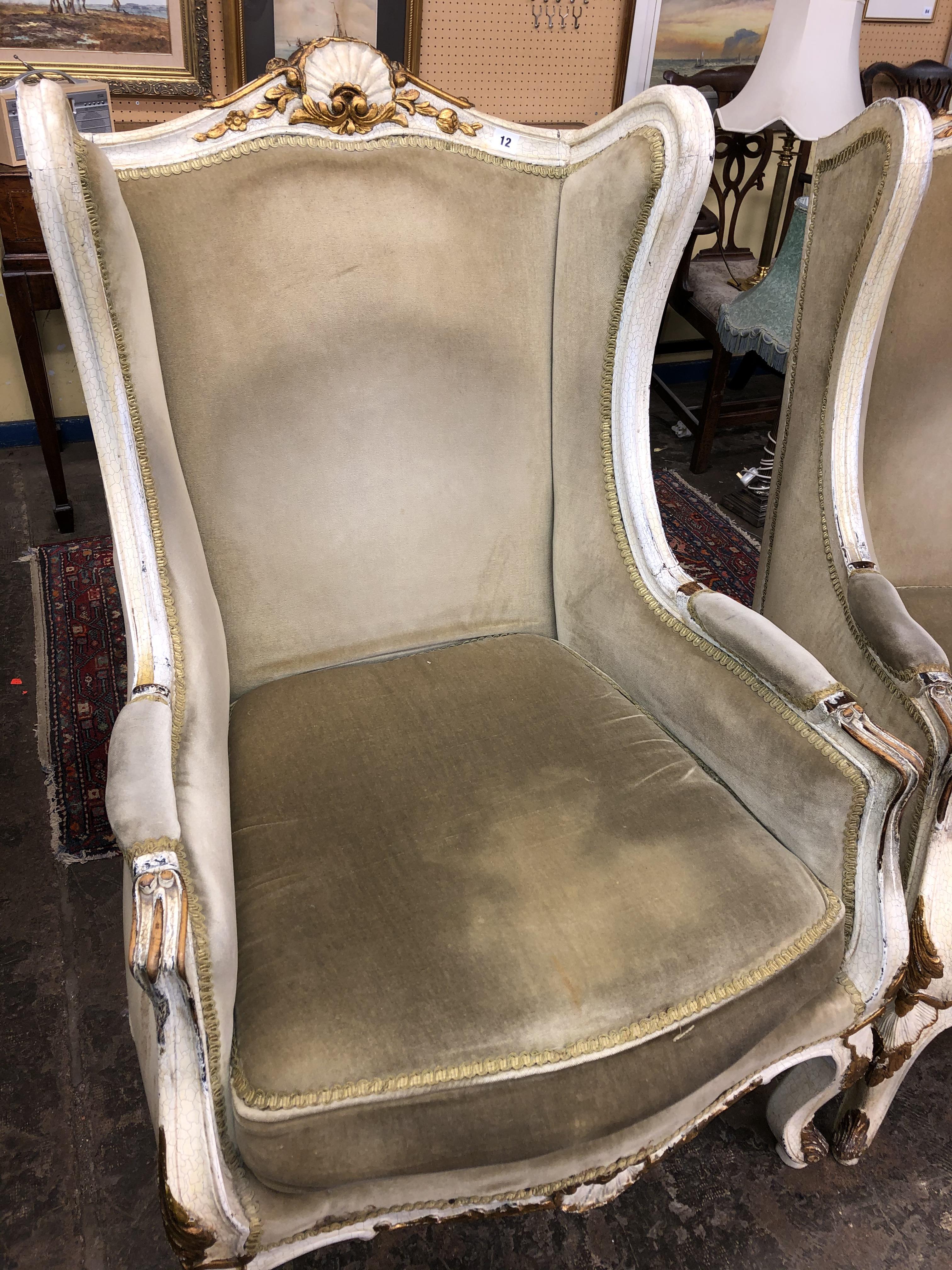 A PAIR OF EARLY 2OTHC FRENCH PAINTED AND UPHOLSTERD HIGH BACK ARMCHAIRS - Image 2 of 4