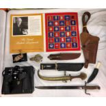 MISCELLANEOUS MILITARIA-CASED PAIR OF BINOCULAIRS,FIELD COMPASS,KUKHRI,BADGES,