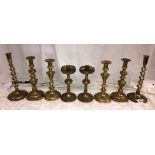 PAIR OF VICTORIAN BRASS KNOPPED CANDELSTICKS,A PAIR OF BARLEY SUGAR TWIST CANDELSTICKS ,