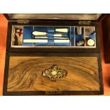 VICTORIAN WALNUT FOLD OVER NEEDLE WORK/ WRITING BOX FITTED WITH BONE ACCOUTREMENTS,