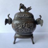 JAPANESE BRONZE INCENSE BURNER AND COVER WITH SHISHI FINIAL