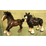 BESWICK BROWN GLOSS SHIRE HORSE AND AN UNMARKED POTTERY SHIRE HORSE WITH HARNESS
