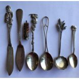 SILVER ARTS CRAFTS SPOON,SIAM ELEPHANT FINIAL TOP TEA SPOON,TWO CONTINENTAL SILVER BUTTER KNIVES,