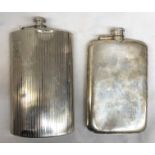 ELECTRO PLATED CONVEX SPIRIT FLASK AND G IBBERSON SHEFFIELD PLATED FLASK WITH ENGRAVED ARMORIAL AND