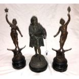 19TH CENTURY SPELTER PATINATED FIGURE OF A RENAISSANCE SCHOLAR ON EBONIZED SOCLE 31CM H AND PAIR OF