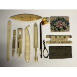 VINTAGE VICTORIAN MOP COTTON REEL TATTING WINDER, IVORY PEA POD BODKIN CASE, LACE BOBBIN,