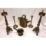 BRASS WATERING CAN,PAIR OF BRASS BAROQUE STYLE PRICKET CANDELSTICKS 43CM,