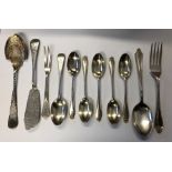 FIVE SILVER TEASPOONS (LONDON), A WMF 90 PICKLE FORK, SILVER FORK AND SPOON,