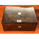 VICTORIAN ROSEWOOD BOX WITH RED VELVET LINED INTERIOR AND MOP ESCUTCHEON.